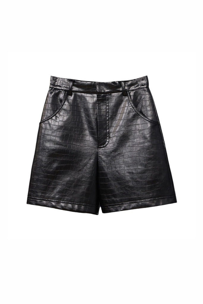 Lambskin Leather Croc Embossed High-Waisted Shorts  Fibflx