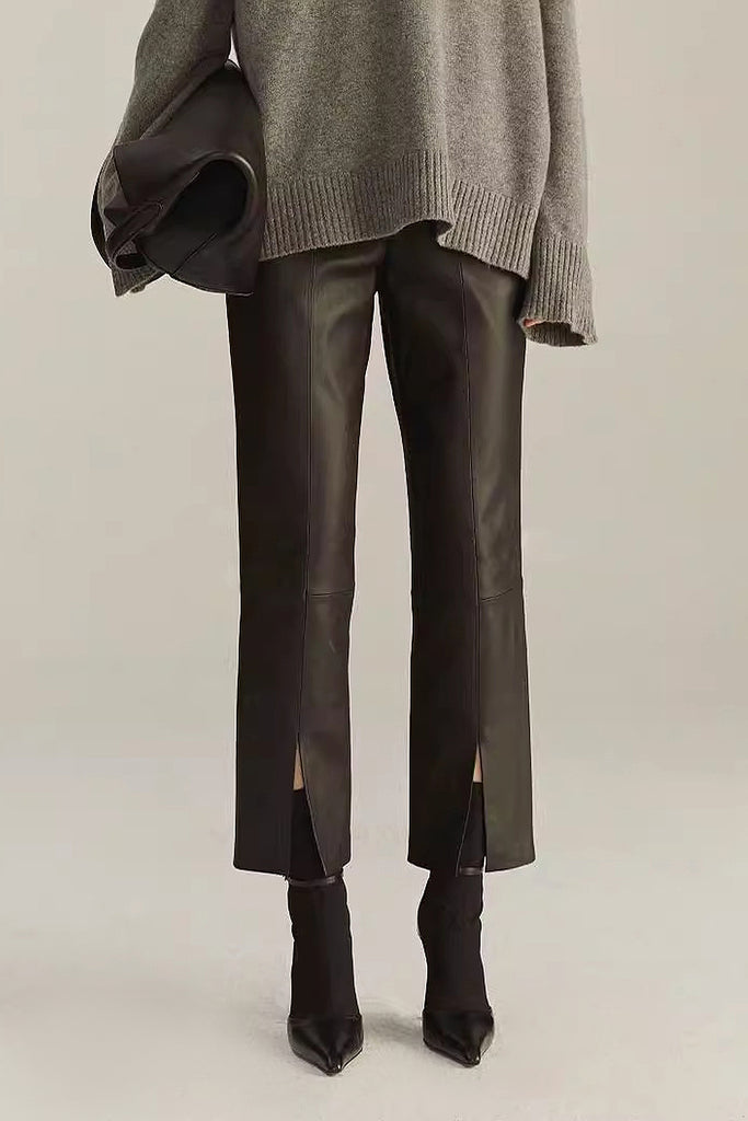 Lambskin Leather Cropped Split-Front Pants Black / L Fibflx