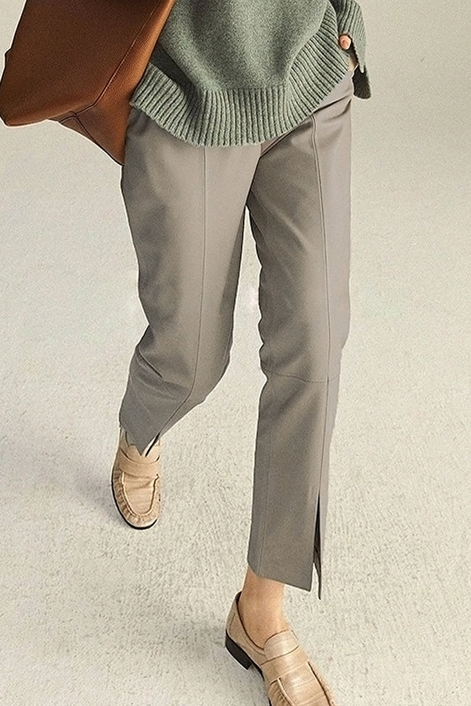 Lambskin Leather Cropped Split-Front Pants Rhinestone Grey / L Fibflx