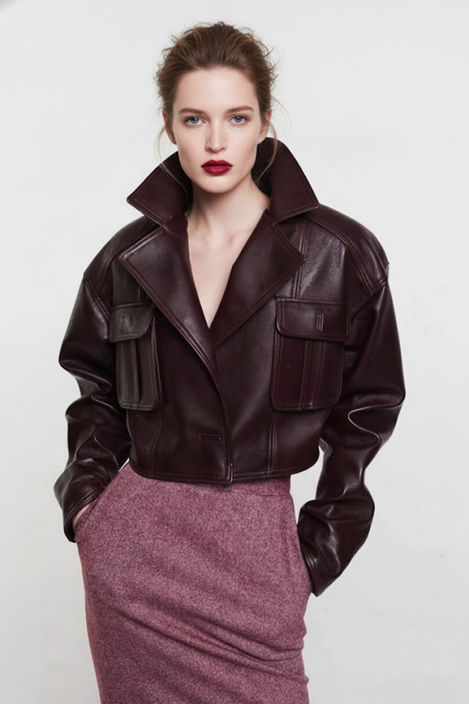 Lambskin Leather Cropped Utility Jacket in Burgundy Burgundy / L Fibflx