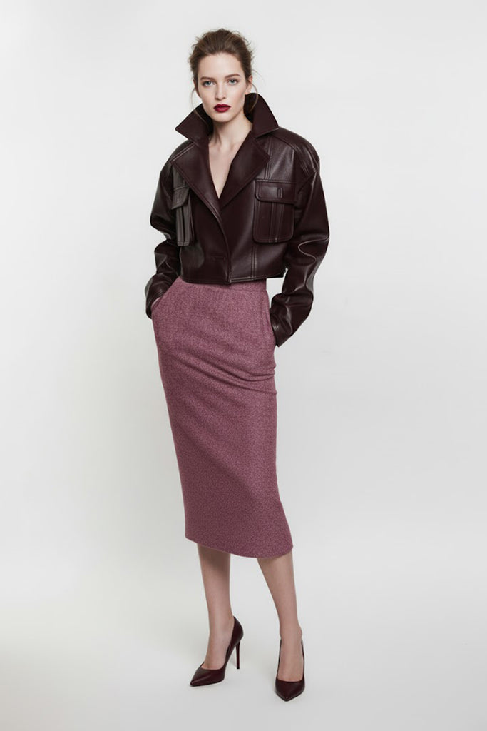 Lambskin Leather Cropped Utility Jacket in Burgundy  Fibflx