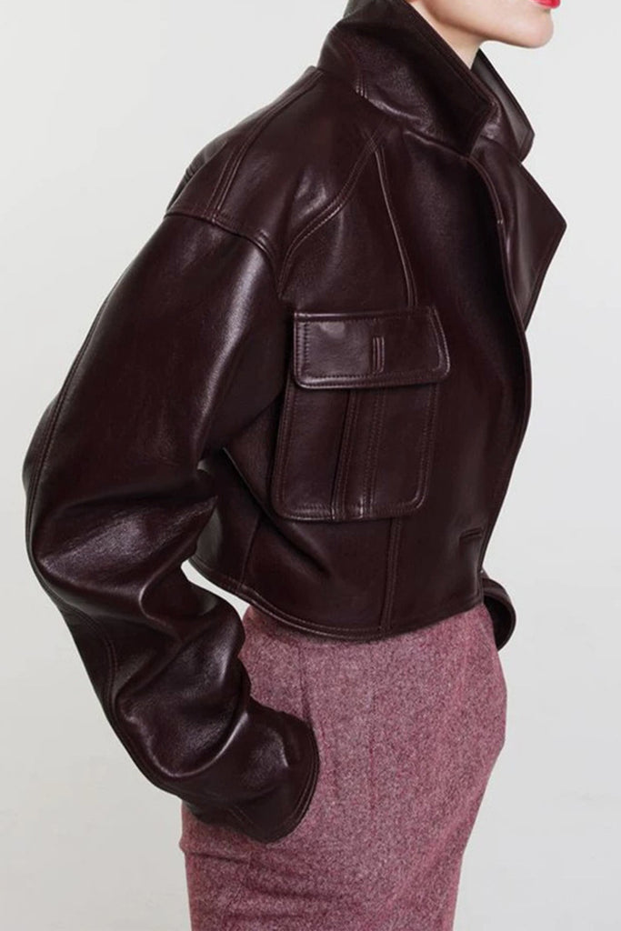 Lambskin Leather Cropped Utility Jacket in Burgundy  Fibflx
