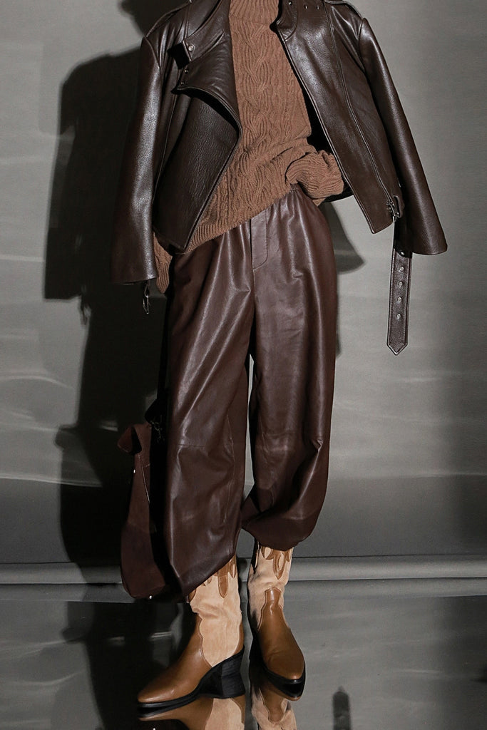 Lambskin Leather Cropped Wide-Leg Pants Reddish Brown / XL Fibflx