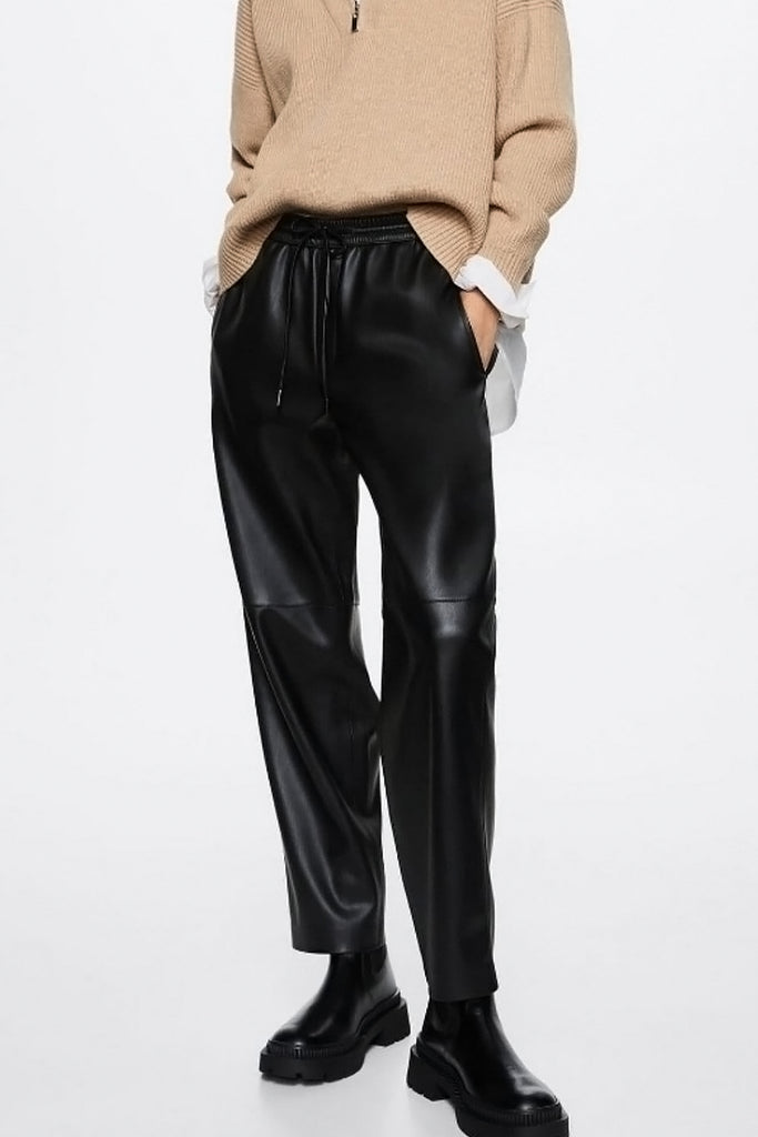 Lambskin Leather Drawstring Tapered Pants Black / L Fibflx