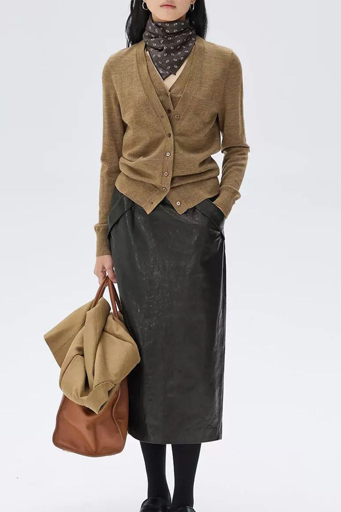 Lambskin Leather Elastic-Waist Column Midi Skirt  Fibflx