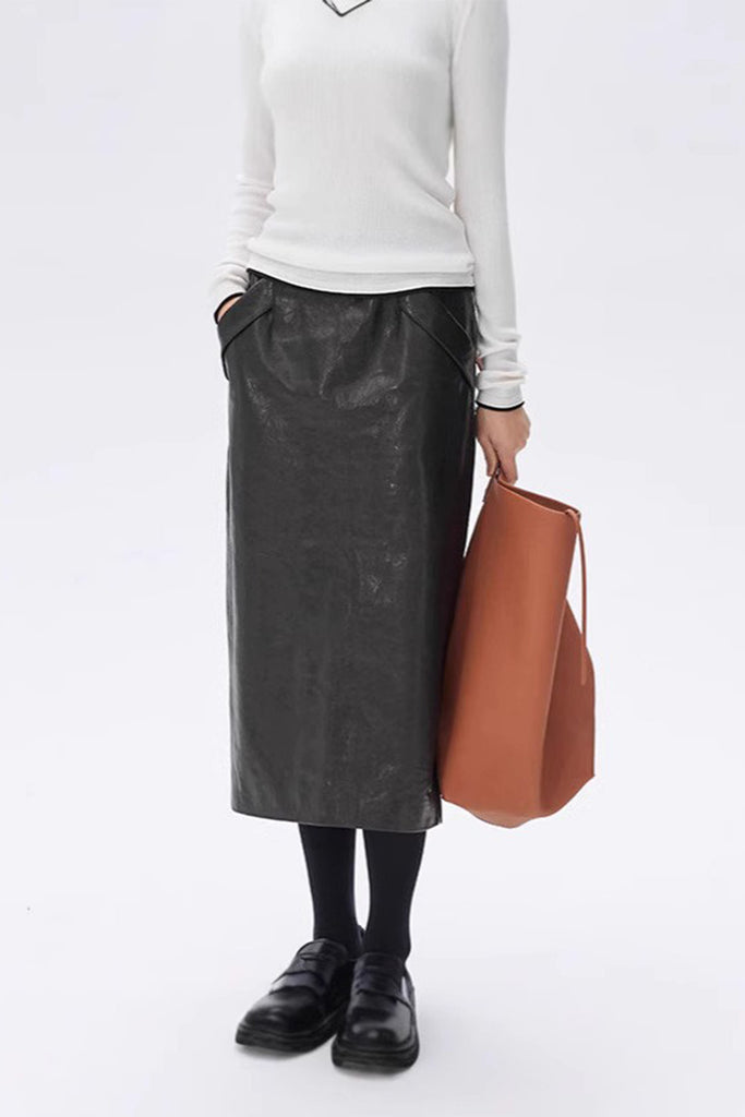Lambskin Leather Elastic-Waist Column Midi Skirt  Fibflx