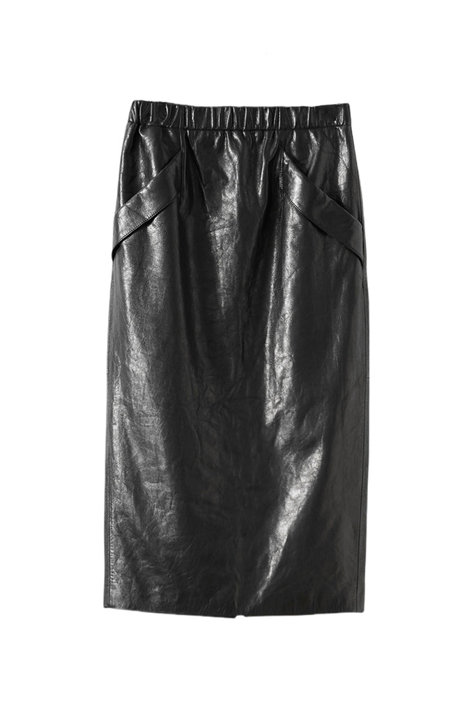 Lambskin Leather Elastic-Waist Column Midi Skirt  Fibflx