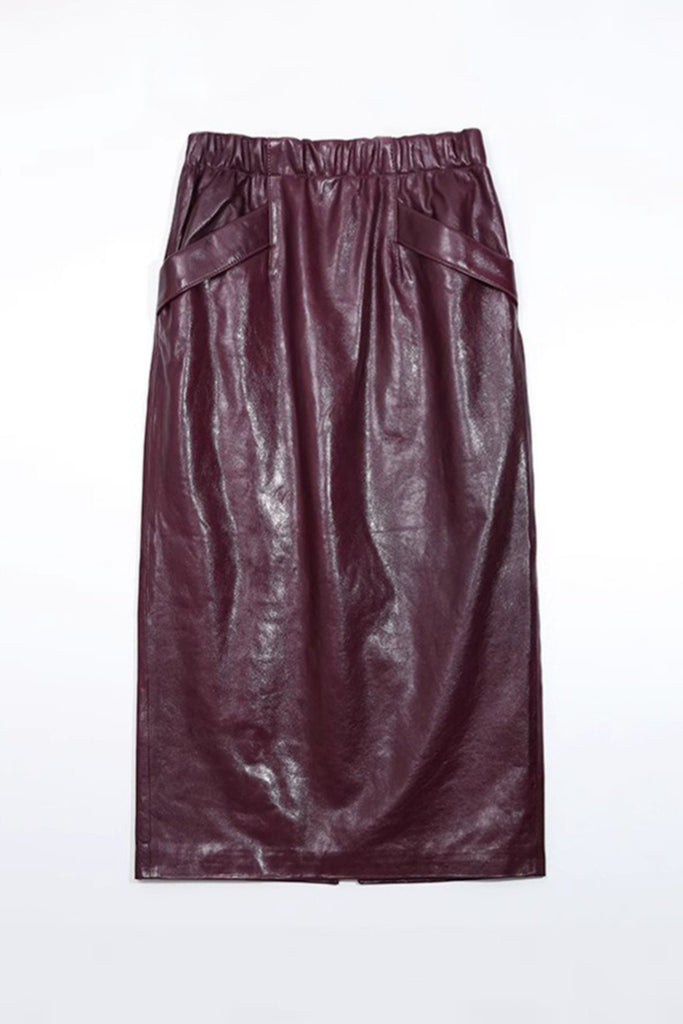 Lambskin Leather Elastic-Waist Column Midi Skirt  Fibflx