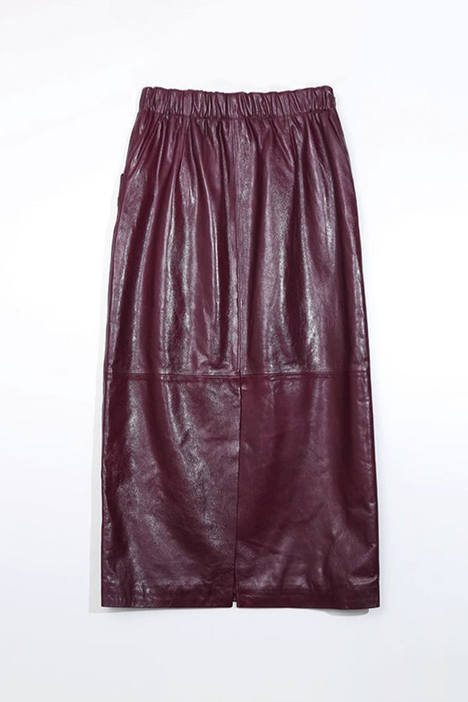 Lambskin Leather Elastic-Waist Column Midi Skirt  Fibflx