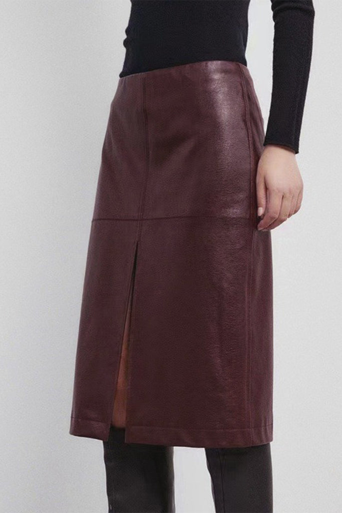 Lambskin Leather High-Waisted Column Midi Skirt  Fibflx