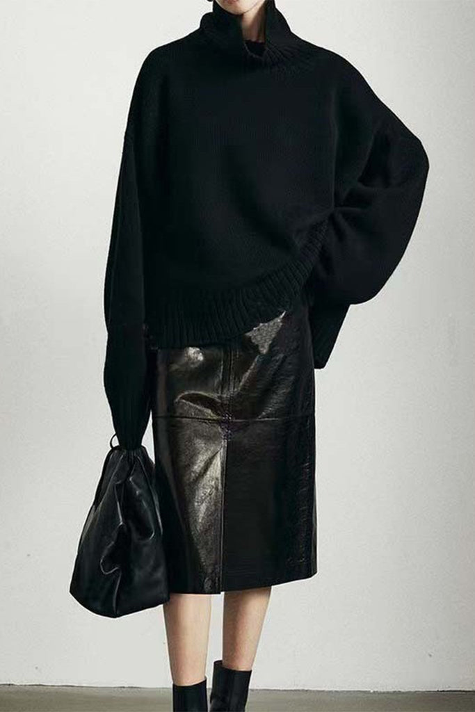 Lambskin Leather High-Waisted Column Midi Skirt  Fibflx