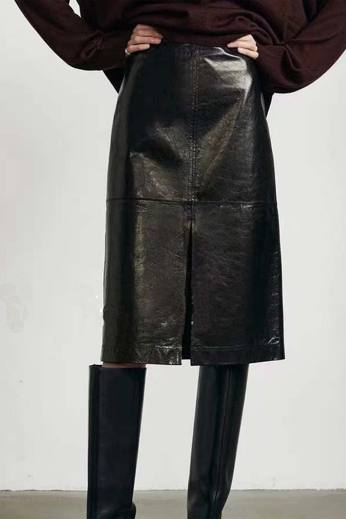 Lambskin Leather High-Waisted Column Midi Skirt  Fibflx