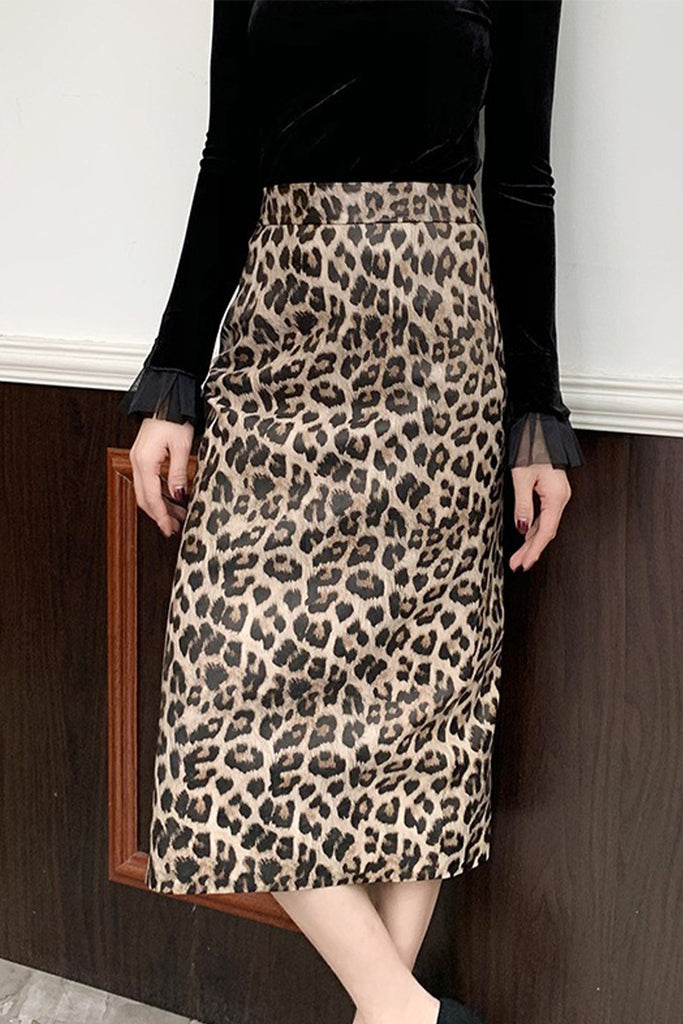 Lambskin Leather Leopard Print Midi Pencil Skirt Leopard Print / L Fibflx