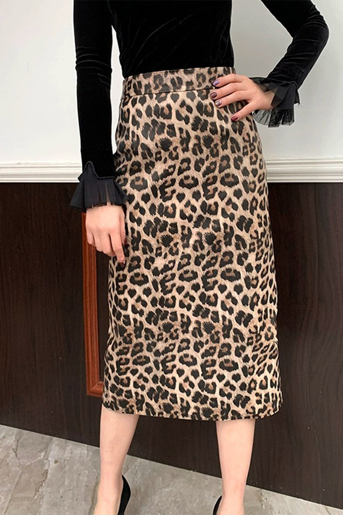 Lambskin Leather Leopard Print Midi Pencil Skirt  Fibflx