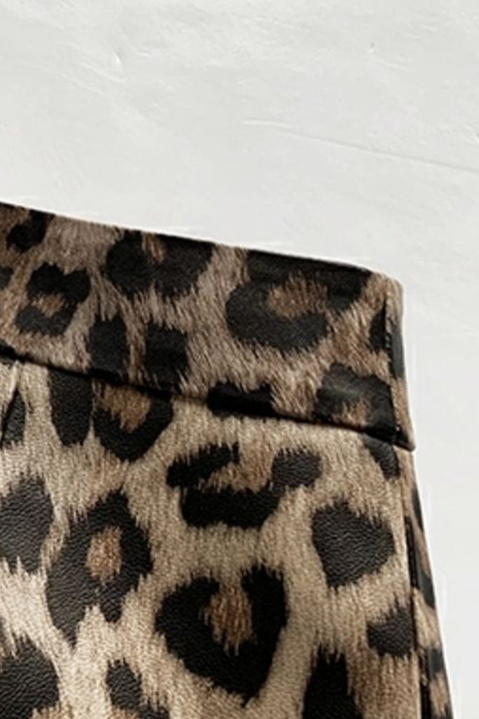Lambskin Leather Leopard Print Midi Pencil Skirt  Fibflx