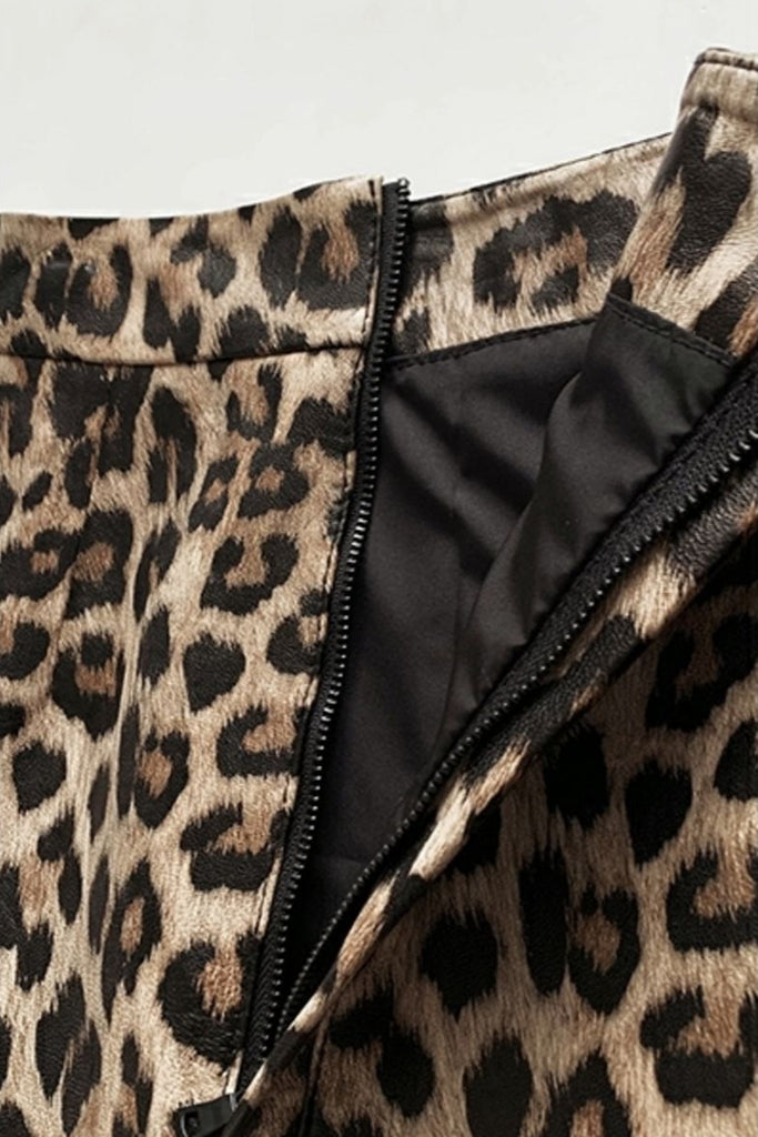 Lambskin Leather Leopard Print Midi Pencil Skirt  Fibflx
