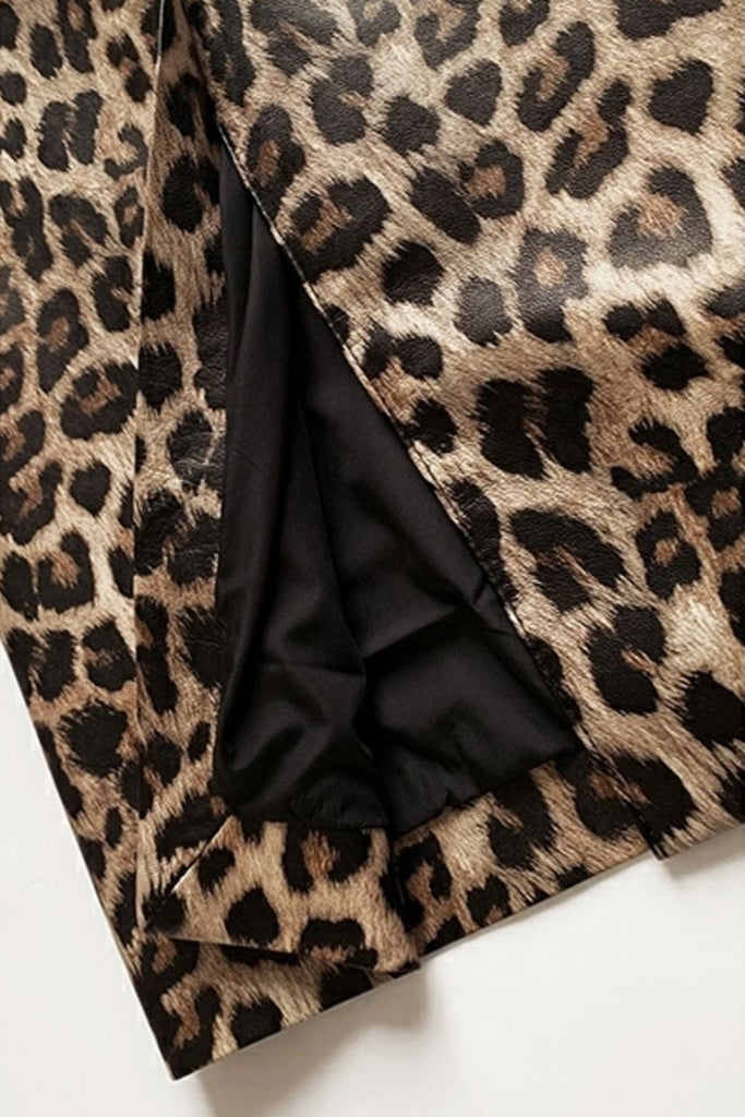 Lambskin Leather Leopard Print Midi Pencil Skirt  Fibflx