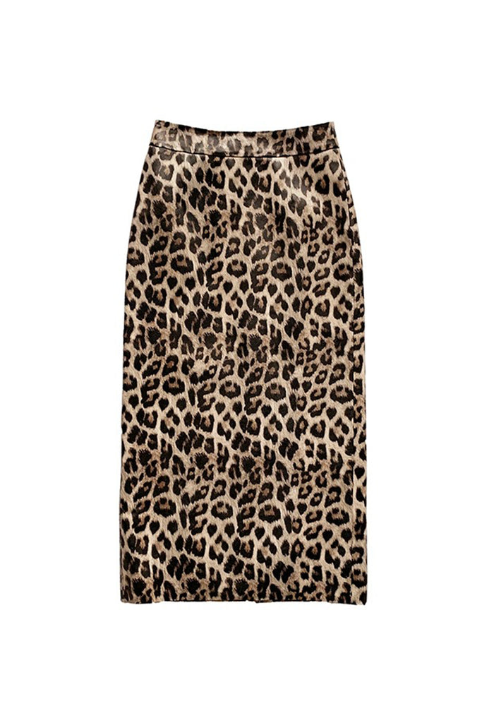 Lambskin Leather Leopard Print Midi Pencil Skirt  Fibflx