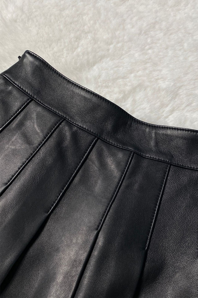 Lambskin Leather Pleated A-Line Mini Skirt in Black  Fibflx