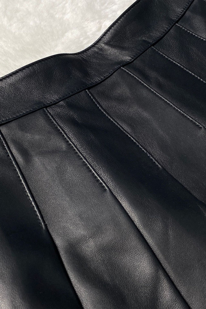 Lambskin Leather Pleated A-Line Mini Skirt in Black  Fibflx