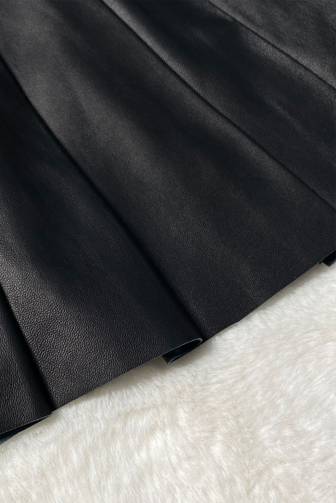 Lambskin Leather Pleated A-Line Mini Skirt in Black  Fibflx