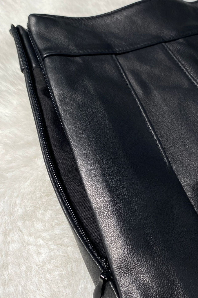 Lambskin Leather Pleated A-Line Mini Skirt in Black  Fibflx