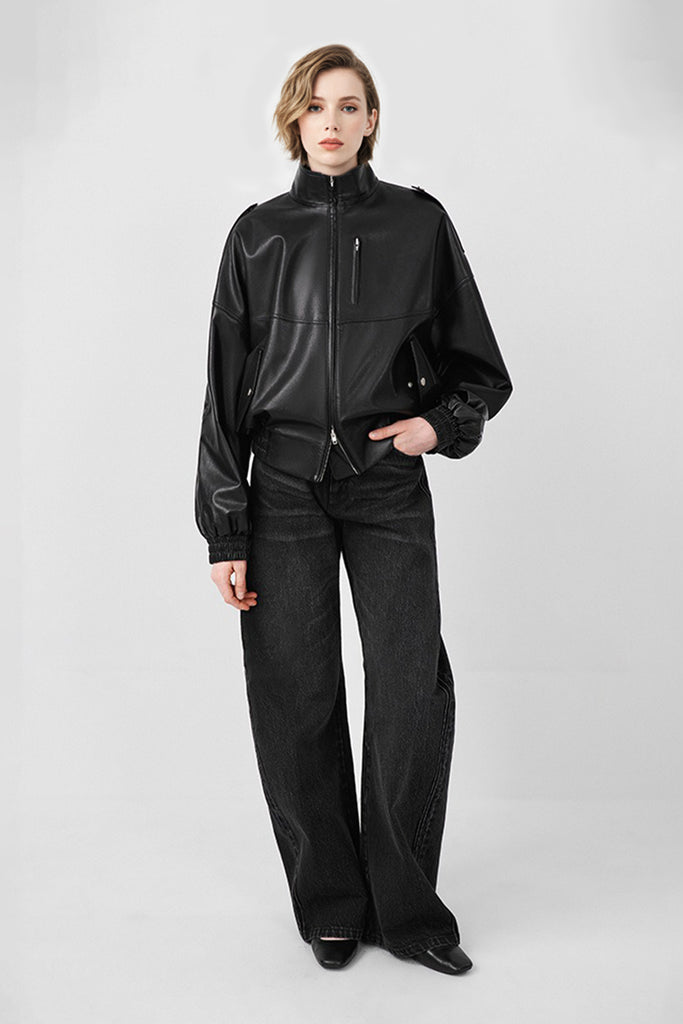 Lambskin Leather Stand-Collar Double-Zip Bomber Jacket  Fibflx