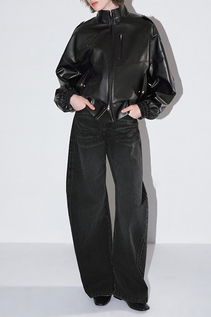 Lambskin Leather Stand-Collar Double-Zip Bomber Jacket  Fibflx