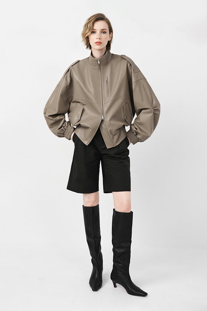 Lambskin Leather Stand-Collar Double-Zip Bomber Jacket  Fibflx