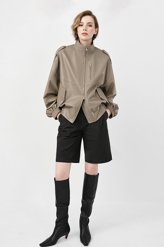 Lambskin Leather Stand-Collar Double-Zip Bomber Jacket  Fibflx