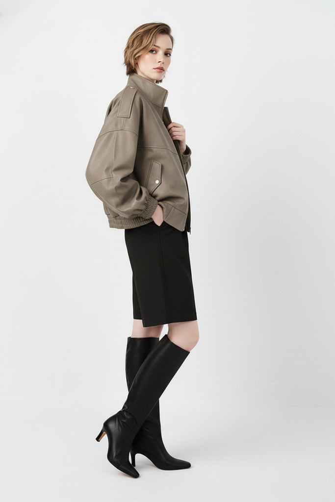 Lambskin Leather Stand-Collar Double-Zip Bomber Jacket  Fibflx