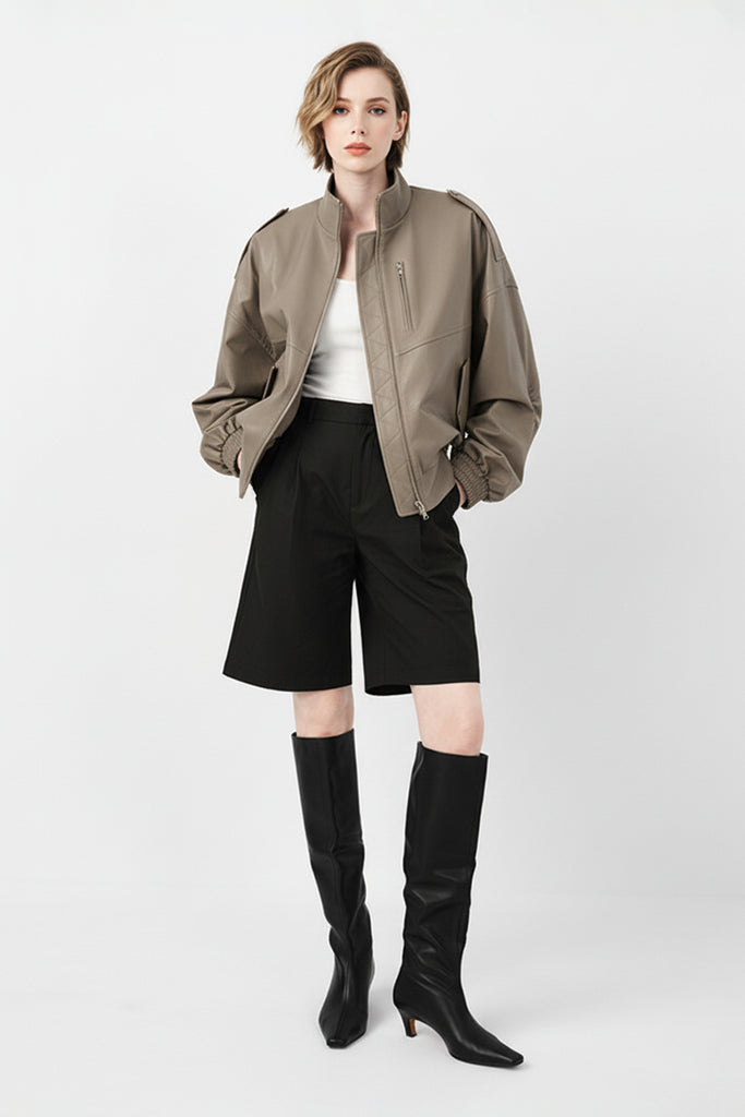 Lambskin Leather Stand-Collar Double-Zip Bomber Jacket  Fibflx