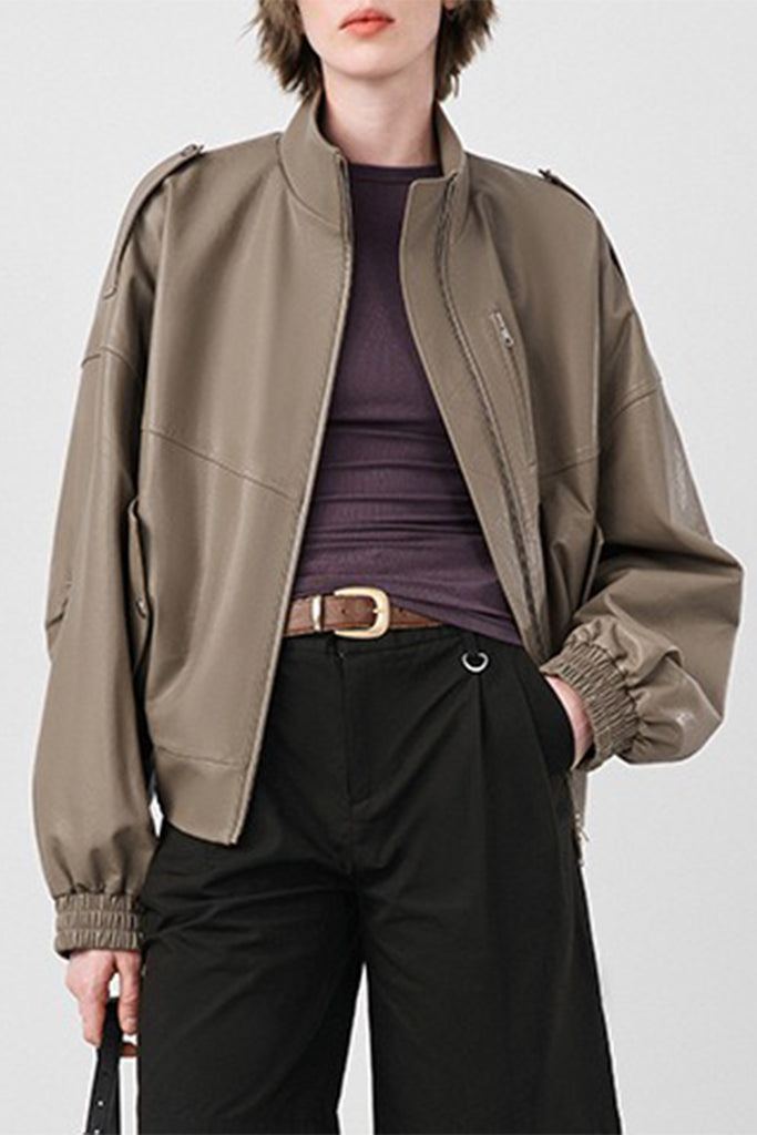 Lambskin Leather Stand-Collar Double-Zip Bomber Jacket  Fibflx
