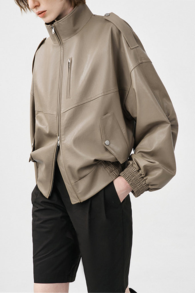 Lambskin Leather Stand-Collar Double-Zip Bomber Jacket  Fibflx