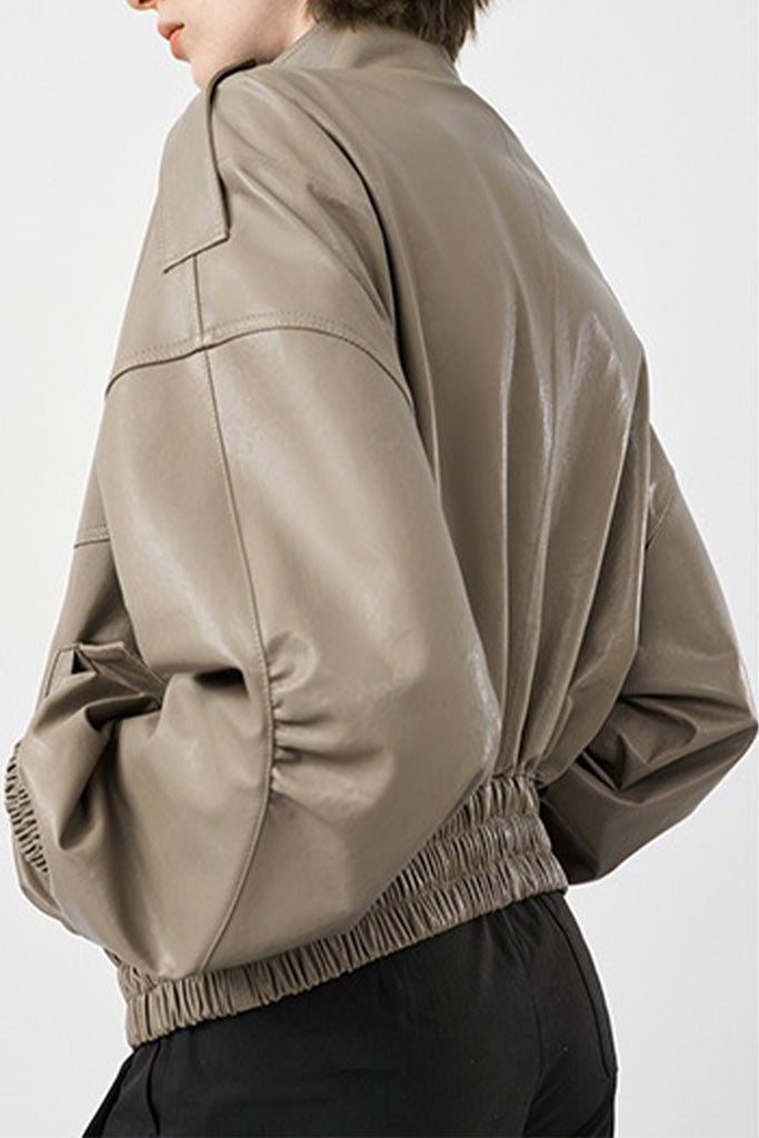 Lambskin Leather Stand-Collar Double-Zip Bomber Jacket  Fibflx