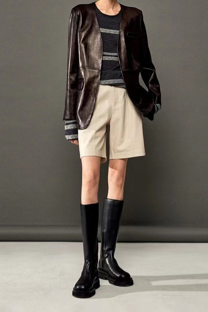 Lambskin Leather Tailored High-Waisted Shorts  Fibflx