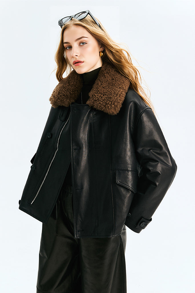 Leather Bomber Jacke with Detachable Cashmere Shearling Collar Black / M Fibflx