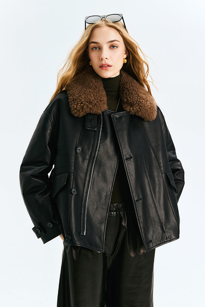 Leather Bomber Jacke with Detachable Cashmere Shearling Collar  Fibflx