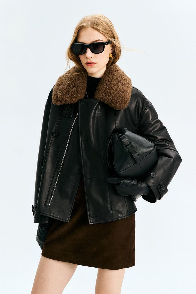 Leather Bomber Jacke with Detachable Cashmere Shearling Collar  Fibflx
