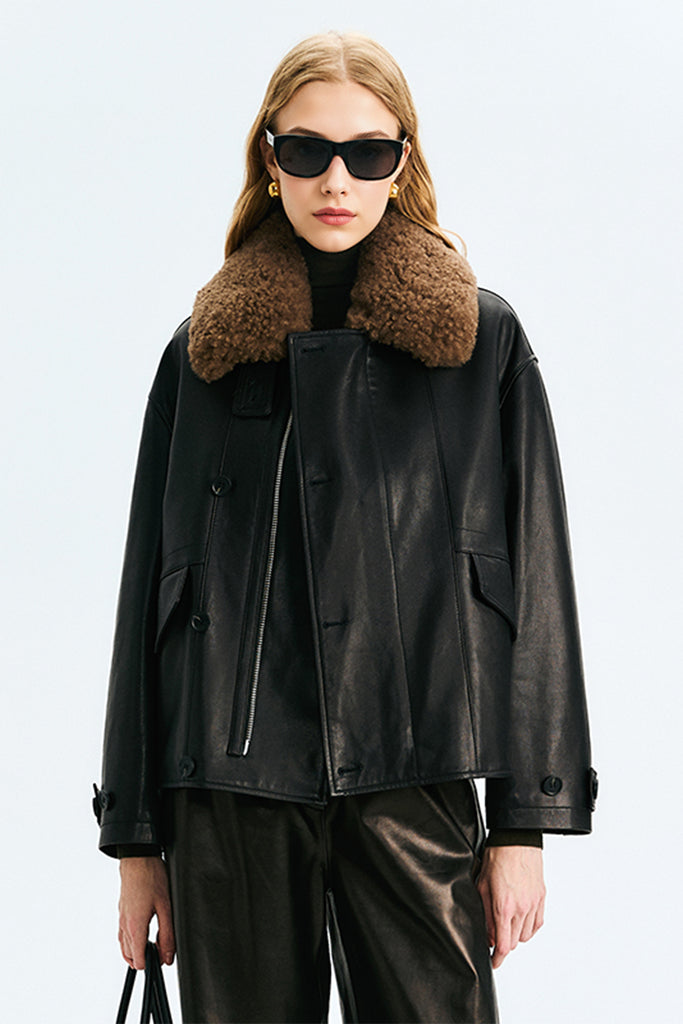 Leather Bomber Jacke with Detachable Cashmere Shearling Collar  Fibflx
