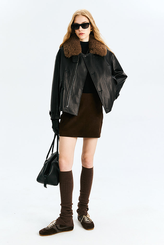 Leather Bomber Jacke with Detachable Cashmere Shearling Collar  Fibflx