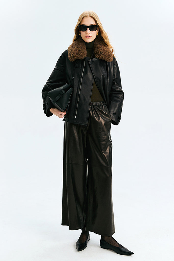 Leather Bomber Jacke with Detachable Cashmere Shearling Collar  Fibflx