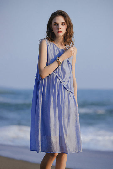 Light Blue Lyocell Sleeveless Ruffle-Detail Midi Dress - Fibflx