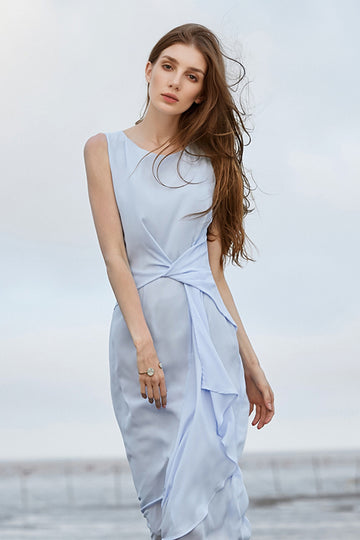 Light Blue Sleeveless Draped Midi Dress - Fibflx
