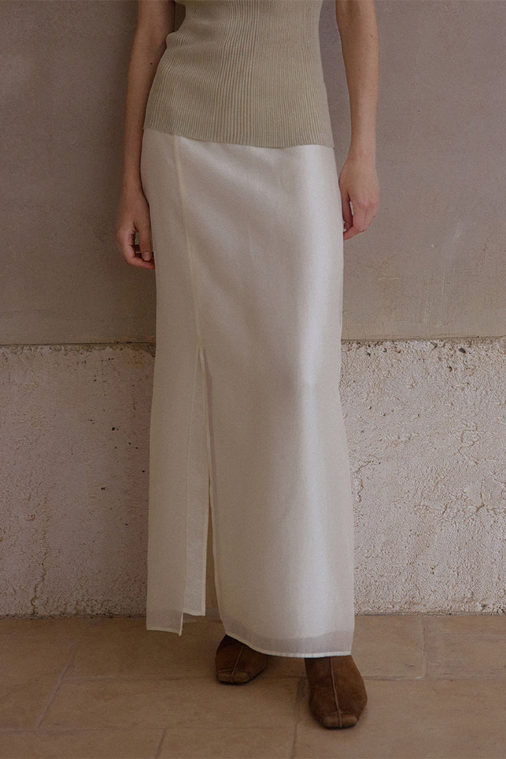 Lightweight Sheer Overlay Satin Maxi Skirt  Fibflx