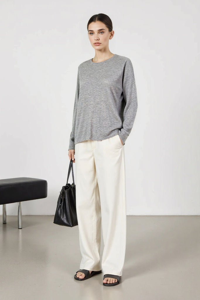 Lightweight Wool Blend Crewneck Ribbed Sweater - Fibflx
