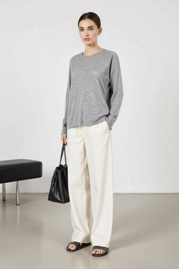 Lightweight Wool Blend Crewneck Ribbed Sweater - Fibflx