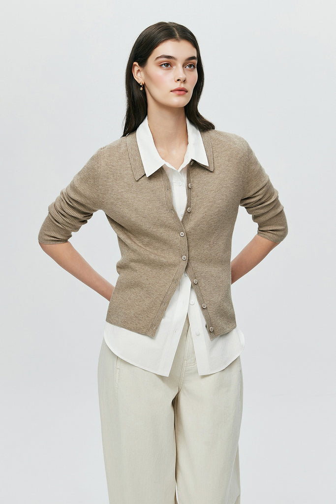 Lightweight Wool-Blend Fitted Polo Cardigan Sweater  Fibflx