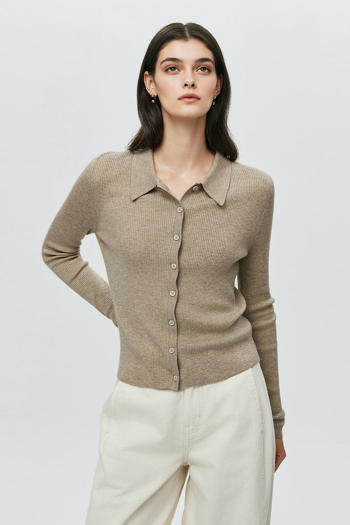 Lightweight Wool-Blend Fitted Polo Cardigan Sweater  Fibflx