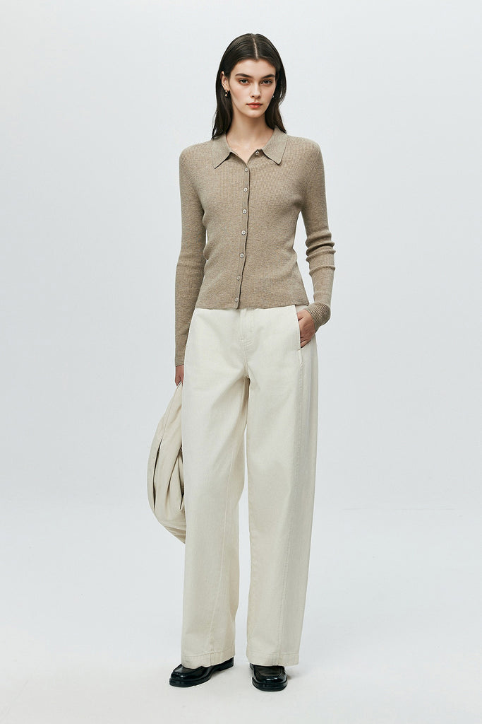 Lightweight Wool-Blend Fitted Polo Cardigan Sweater  Fibflx